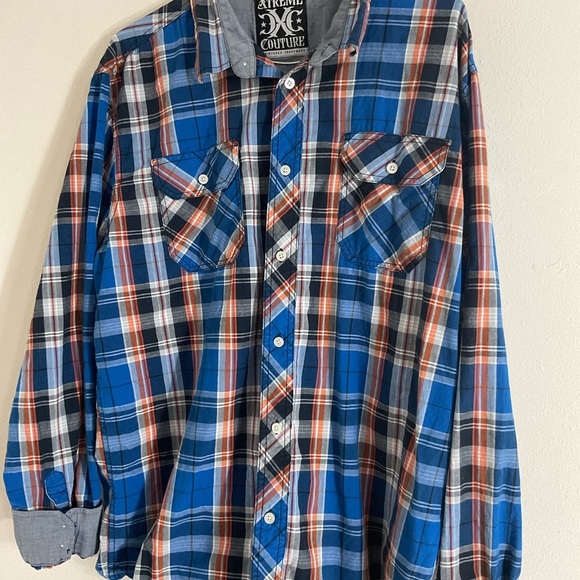 Xtreme Couture 100% Cotton Shirt Mens Size XXL Blue Orange Plaid Button Up - Picture 3 of 9